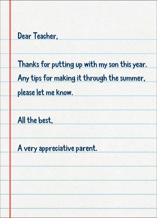 Funny Thank You Card For Teacher 'Putting Up Son'