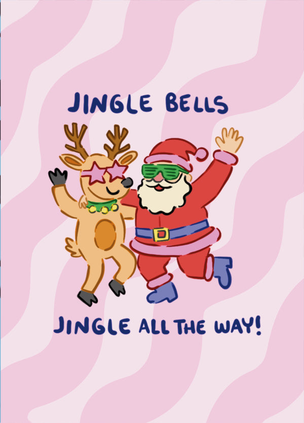 Dancing Santa And Reindeer Christmas Card