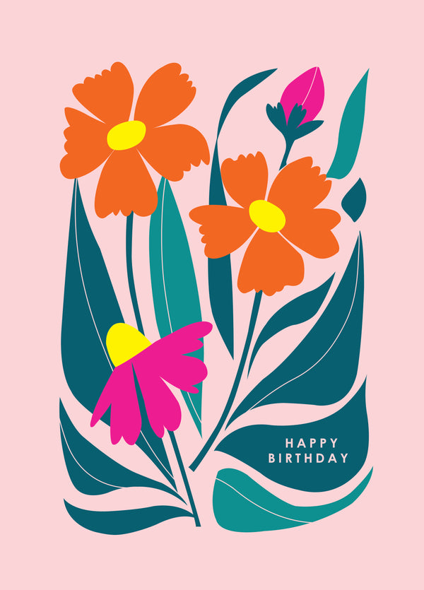 Orange And Pink Flower Birthday Card