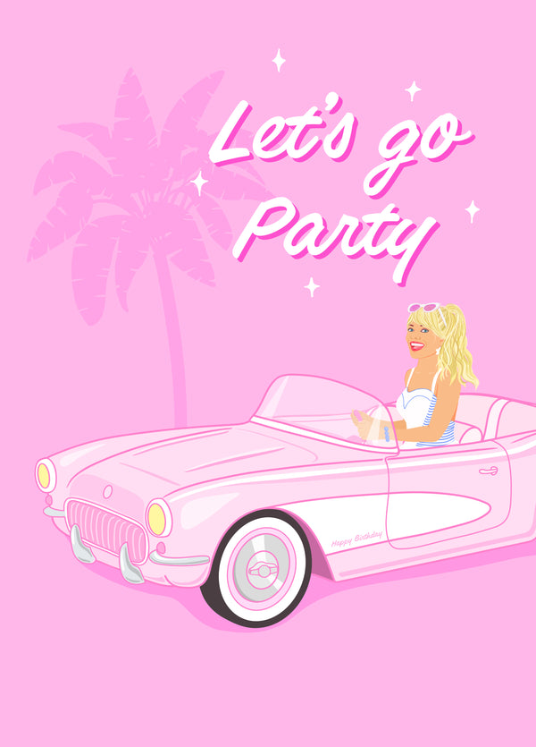 Let's Go Party Barbie Car Birthday Card.