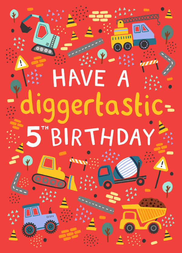 Cute Birthday Card - 5th Birthday - Tractor - Trucks - Diggers