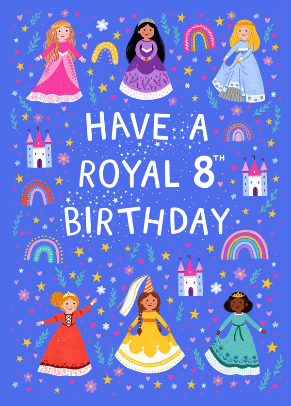 Cute 8th Birthday Card - For Her - Princesses