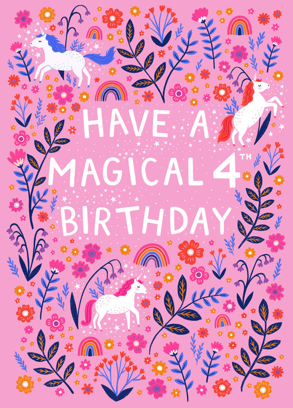 Happy 4th Birthday - Pink Magical Unicorn Girls Card