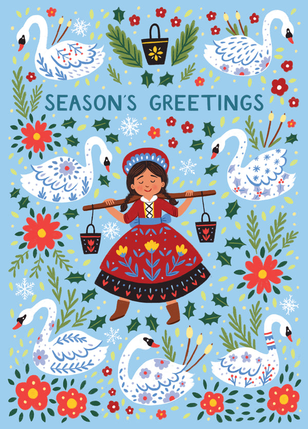 Pretty Christmas Card - Twelve Days Of Christmas - Swans Swimming & Maids Milking
