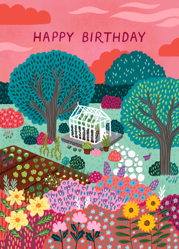 Pretty Birthday Card - Colourful Garden - Greenhouse